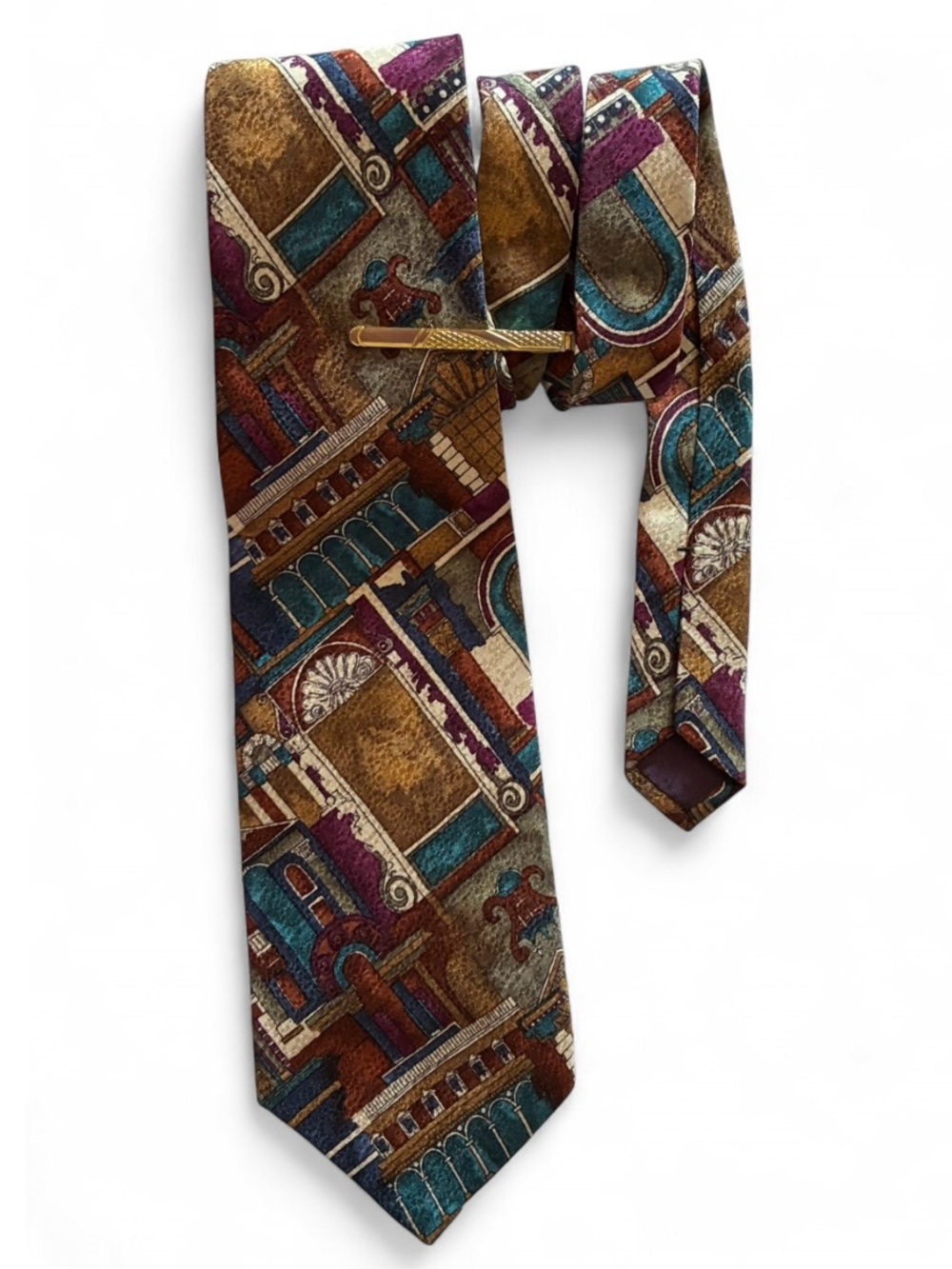 Italian Pure Silk Classic Geometric Pattern Men's Tie Gold Tone Pin